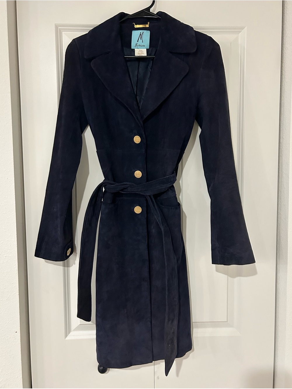 Marciano Genuine Suede Belted Trench Coat with Gold Buttons - Navy Blue